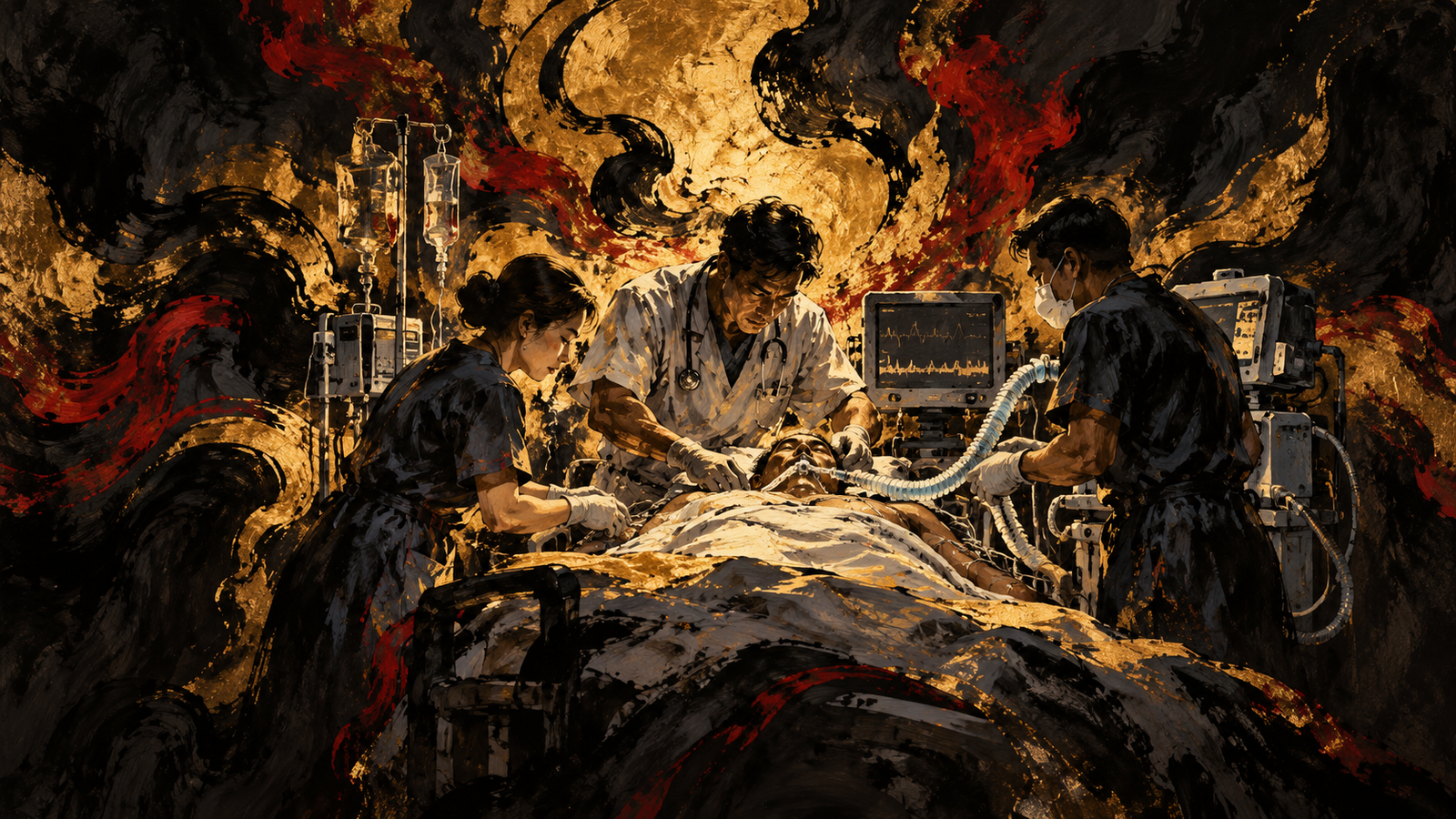 Expressive black, gold and red painting of an ICU team caring for a patient